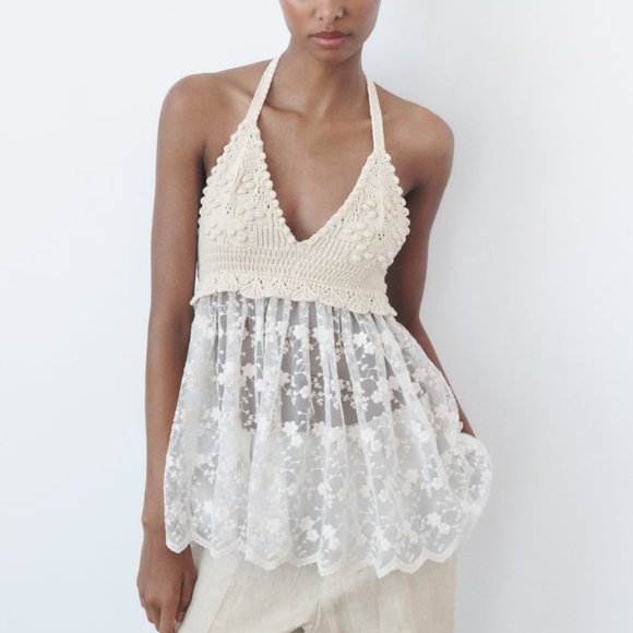 NWT ECRU BEIGE MIXED EMBROIDERED KNIT TOP - Picture 1 of 10